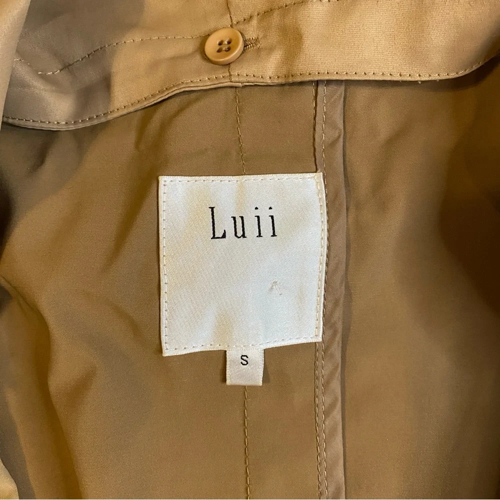 Luii Tan Khaki Abstract Graphic Print Hooded Trench‎ Coat Jacket Women Small